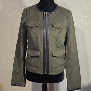 The Limited Military Style Jacket Olive Green Faux Leather Trim XS